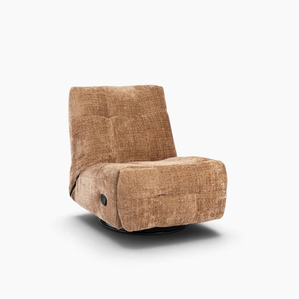 Aika Nagomi relaxfauteuil in bruine textuurstof met een modern, laag ontwerp en draaibare voet.