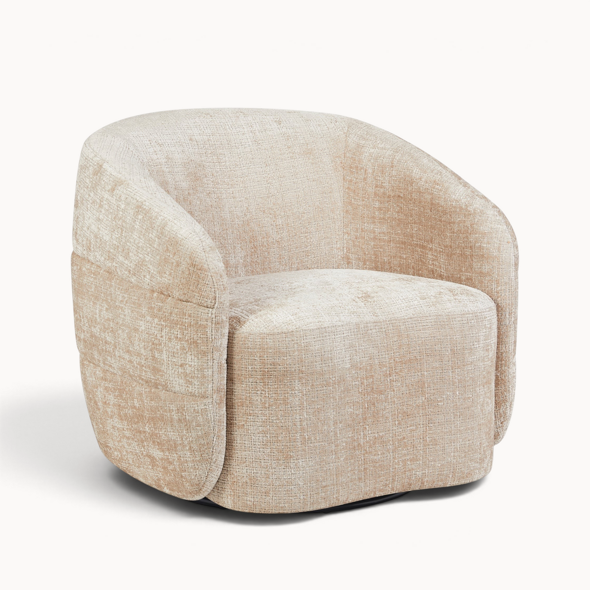 Aika draaibare fauteuil Kaze in beige geweven stof met een ronde, moderne vormgeving en comfortabele zitting.