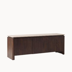 Aika Iwa tv-meubel in donkerbruin hout met een licht marmeren bovenblad en strak modern design