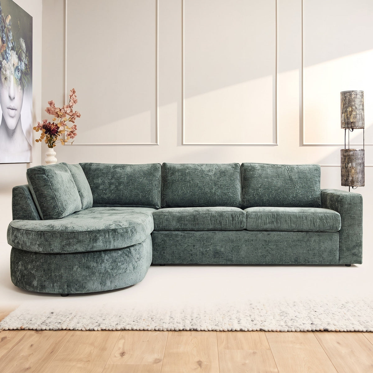 Hoekbank Hana Groen met divan links, sfeerbeeld
