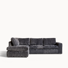 Aika MySofa Yuki hoekbank in donkergrijze corduroy stof met een modern gestreept ontwerp en comfortabele kussens