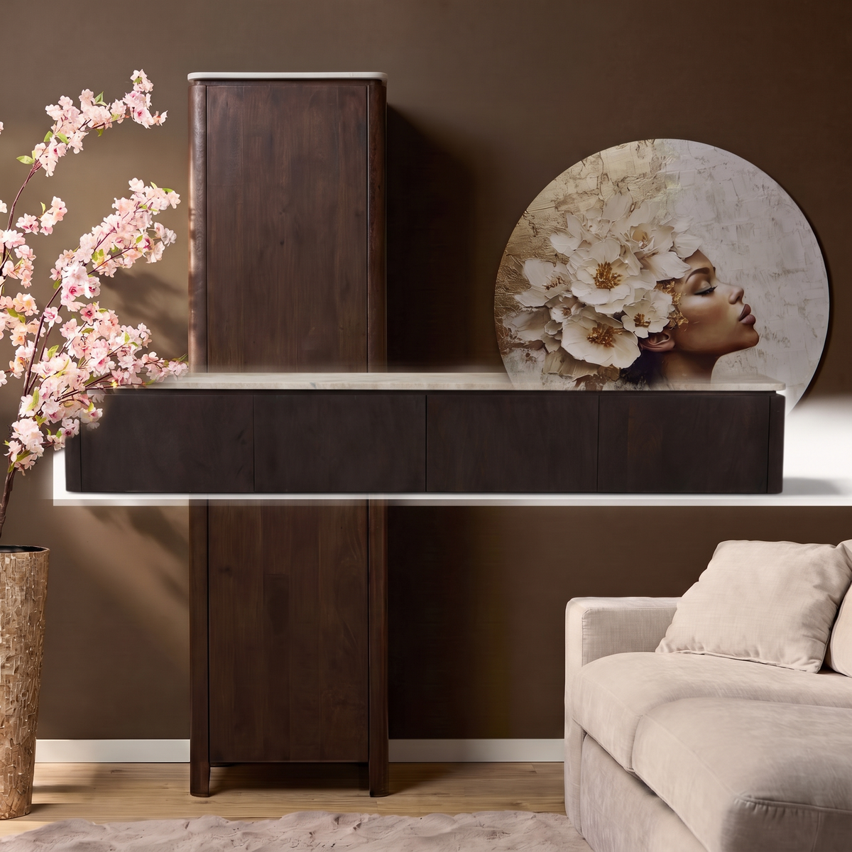 Zwevend tv meubel Iwa Bruin 210 cm beige marmer