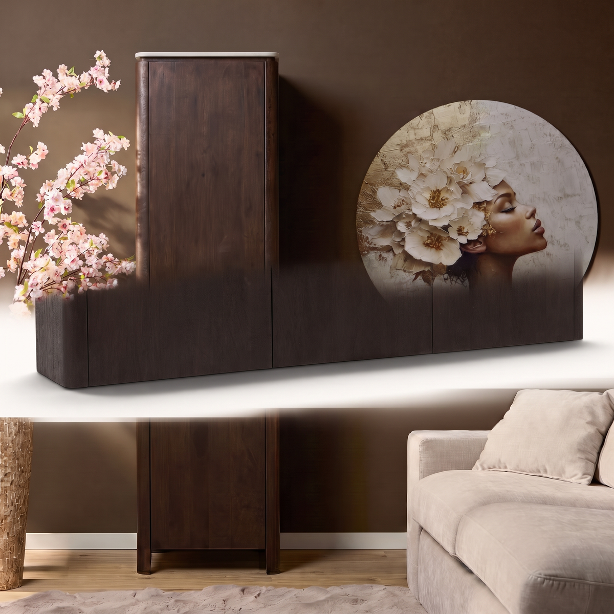 Zwevend tv meubel Iwa Bruin 165 cm beige marmer