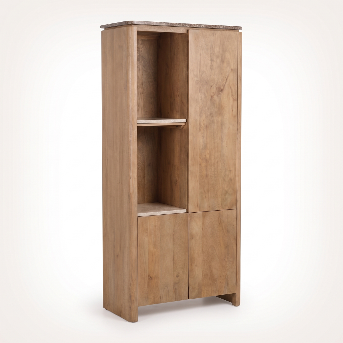 Aika Vakkenkast Iwa Links naturel hout met bruin marmeren bovenblad en beige marmeren legplanken, driekwart aanzicht op witte achtergrond.