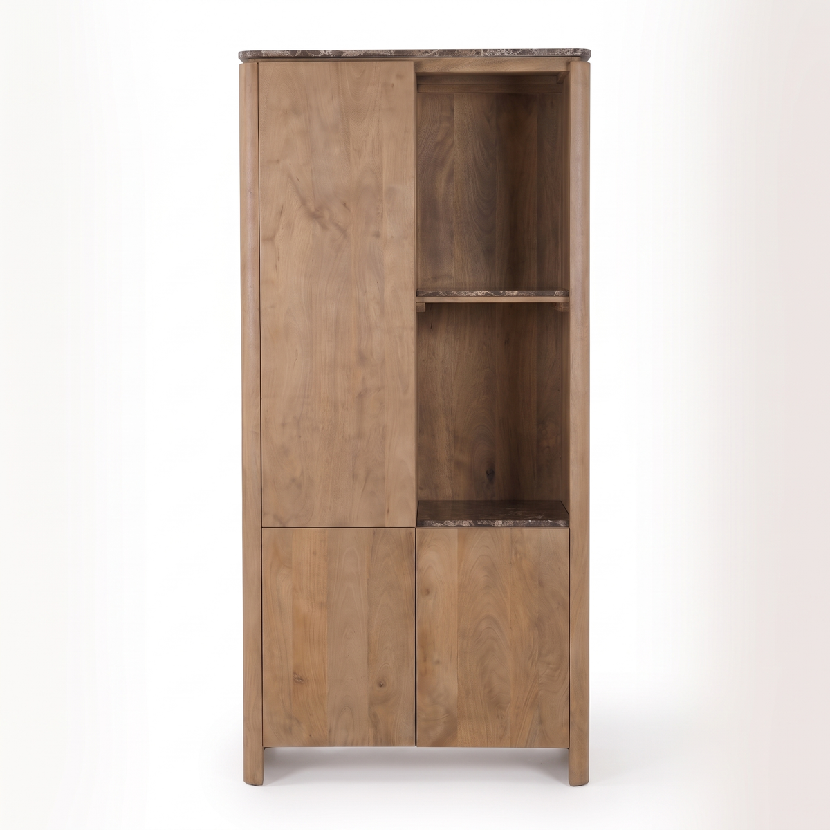 Aika Vakkenkast Iwa Links naturel hout met bruin marmeren bovenblad en bruin marmeren legplanken, vooraanzicht op witte achtergrond.