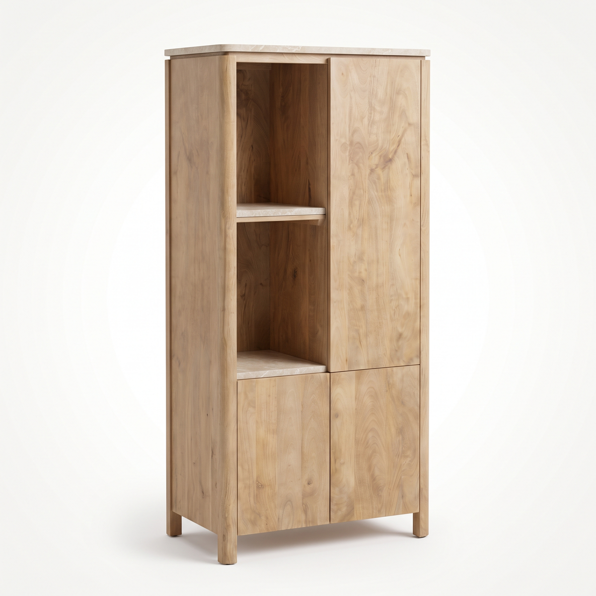 Aika Vakkenkast Iwa Links naturel hout met beige marmeren bovenblad en beige marmeren legplanken, driekwart aanzicht op witte achtergrond.