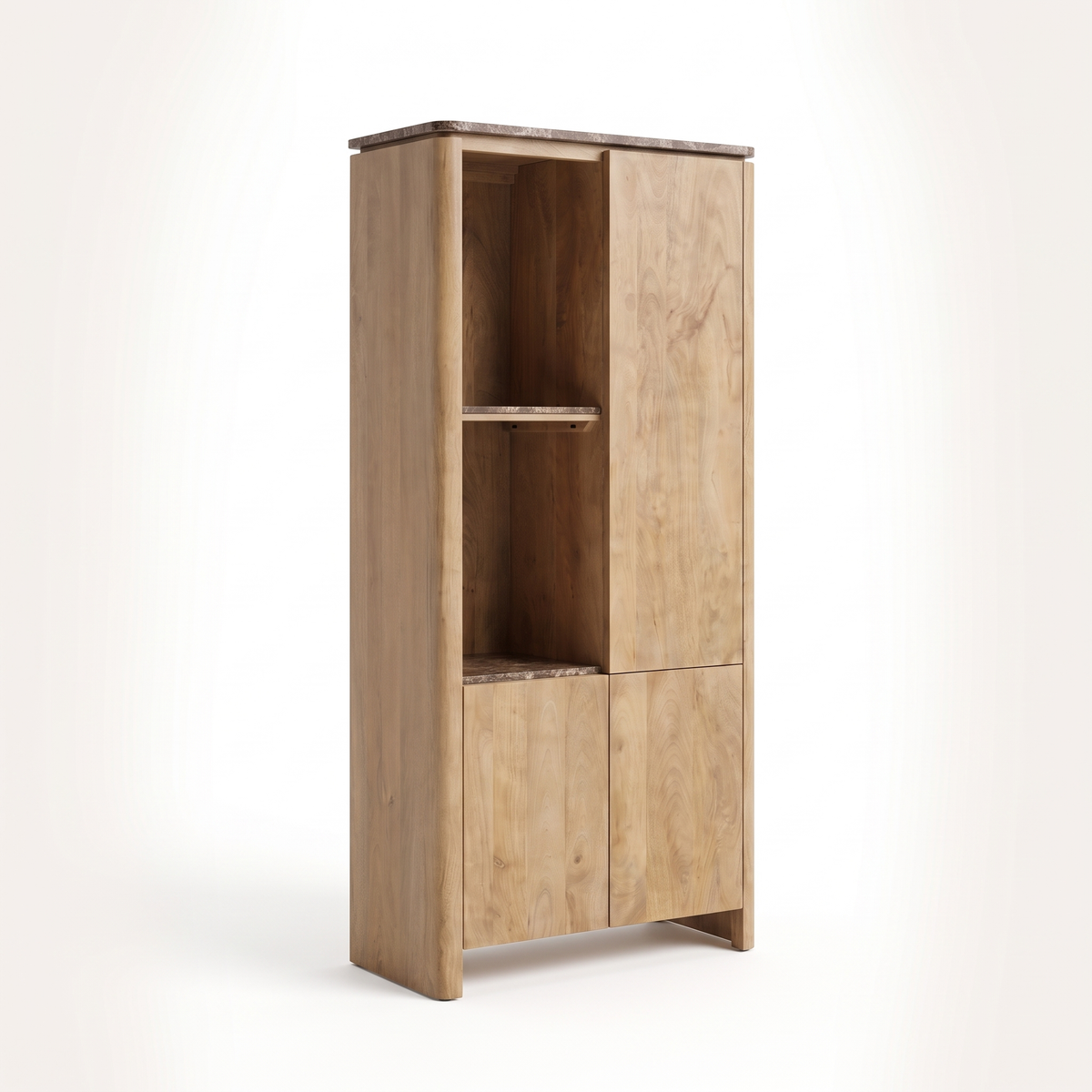 Aika Vakkenkast Iwa Links naturel hout met bruin marmeren bovenblad en bruin marmeren legplanken, driekwart aanzicht op witte achtergrond.