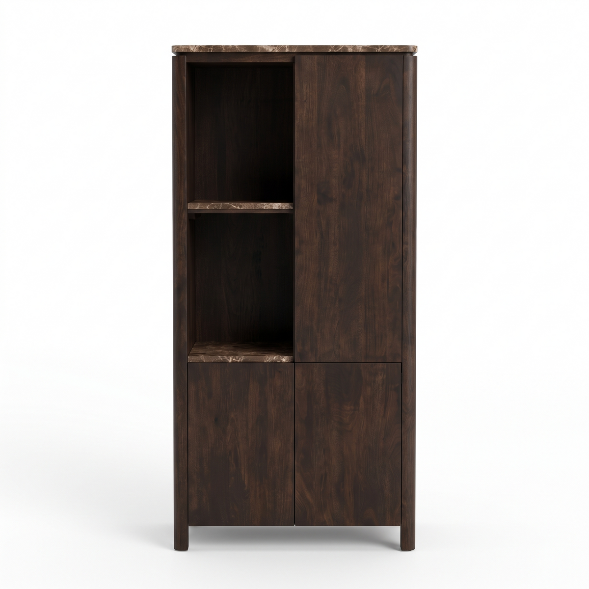 Aika Vakkenkast Iwa Links bruin hout met bruin marmeren bovenblad en bruin marmeren legplanken, vooraanzicht op witte achtergrond.