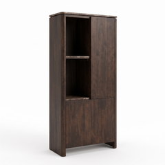 Aika Vakkenkast Iwa Links bruin hout met bruin marmeren bovenblad en bruin marmeren legplanken, driekwart aanzicht op witte achtergrond.