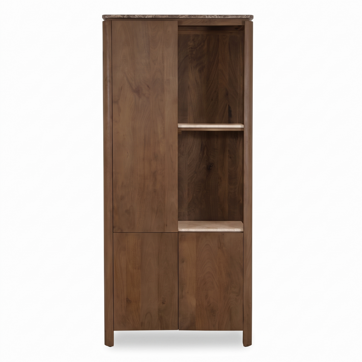 Aika Vakkenkast Iwa Links bruin hout met bruin marmeren bovenblad en beige marmeren legplanken, vooraanzicht op witte achtergrond.