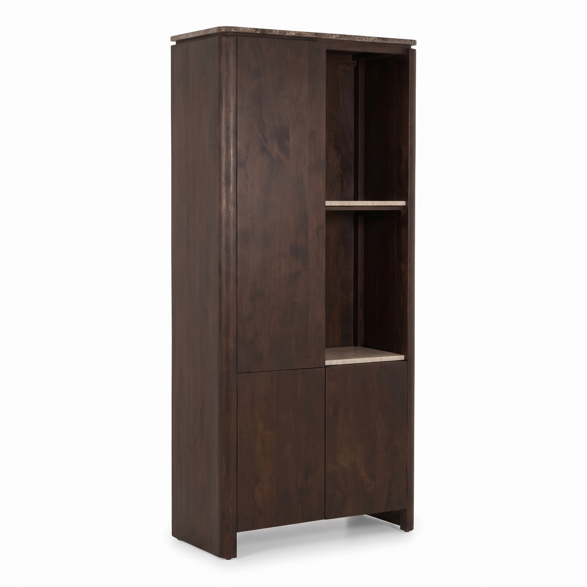 Aika Vakkenkast Iwa Links bruin hout met bruin marmeren bovenblad en beige marmeren legplanken, driekwart aanzicht op witte achtergrond.