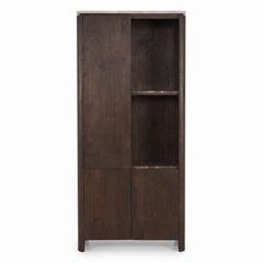 Aika Vakkenkast Iwa Links bruin hout met beige marmeren bovenblad en bruin marmeren legplanken, vooraanzicht op witte achtergrond.