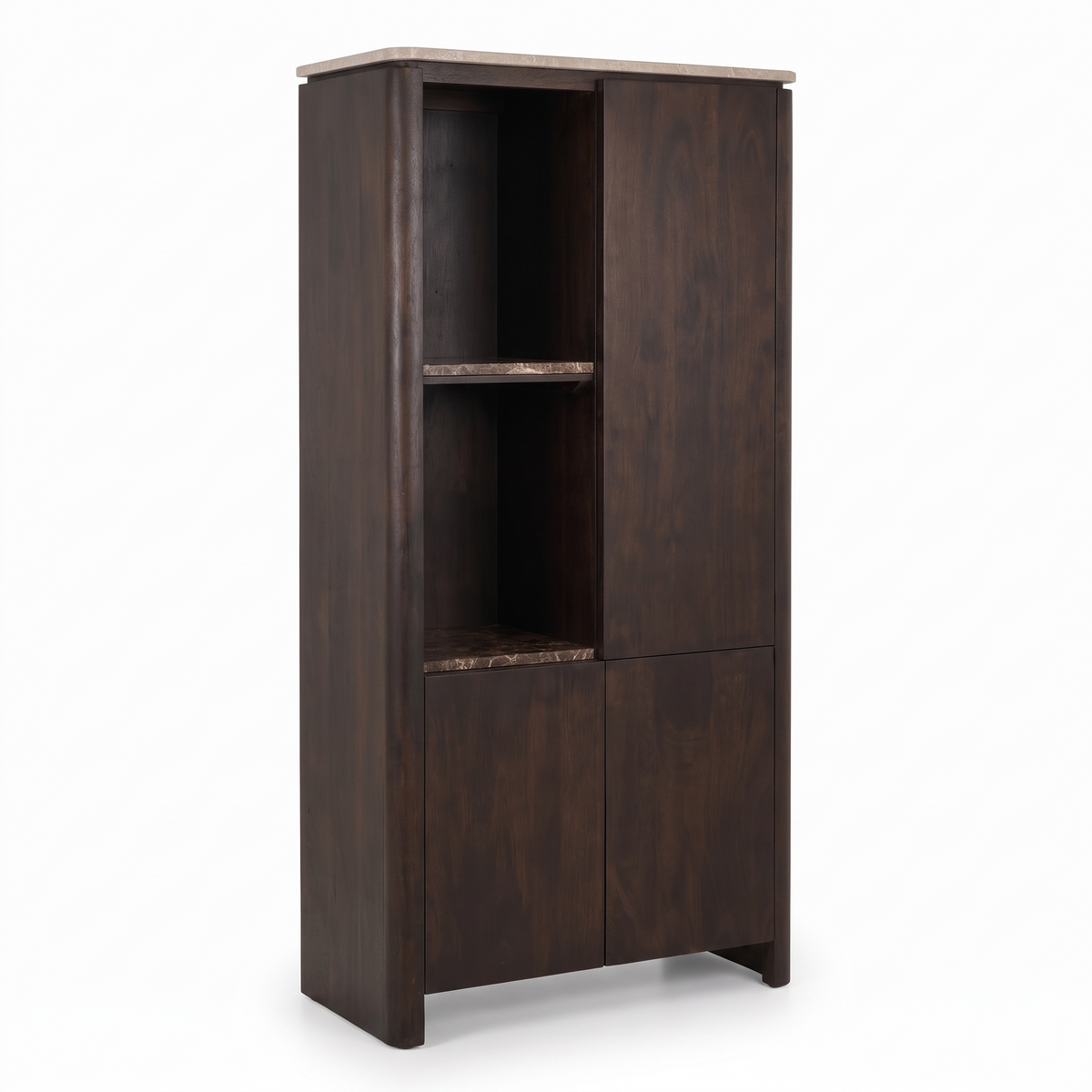Aika Vakkenkast Iwa Links bruin hout met beige marmeren bovenblad en bruin marmeren legplanken, driekwart aanzicht op witte achtergrond.